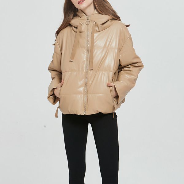

autumn winter women casual loose jacket thick warm leather parkas coat elegant lady zipper hooded outerwear 210423, Black