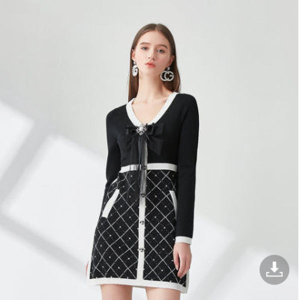 

casual dresses bulochova french retro knitted dress women v neck long sleeve elastic waist 2021 autumn womans patchwork mini vestidos, Black;gray