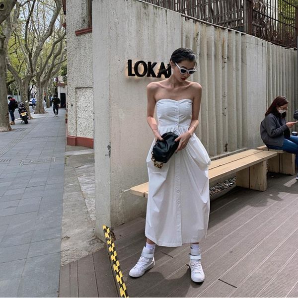 

casual dresses summer fashion 2021 female white slim high waist slash color pullover tube girl dress sweet korea r10, Black;gray