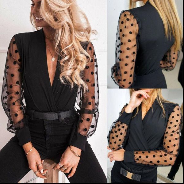 

fashion womens shirt women blouse ladies mesh puff sleeve dot pullover sweater casual jumper tee top, White