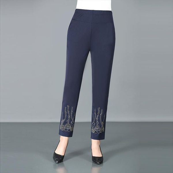 

middle aged basic autumn womens pants spring sequined opening black navy blue khaki elastic waist trouser mother bottoms, Black;white