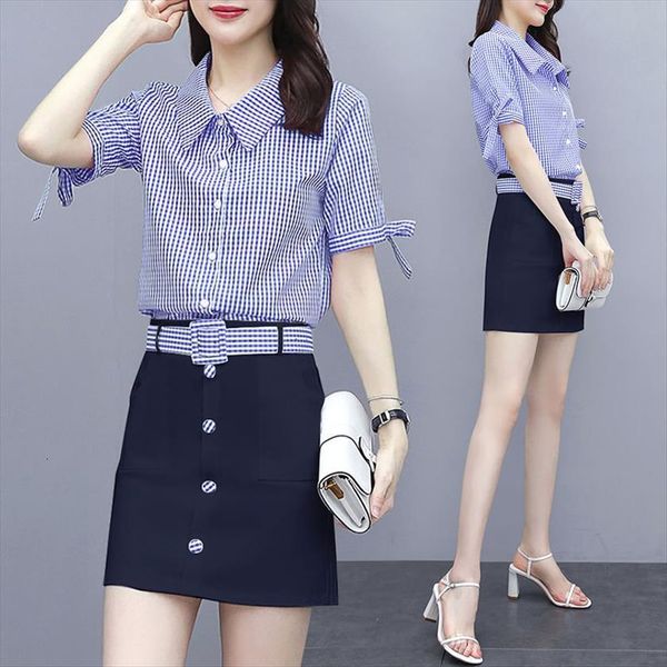 

fashion suit slim summer women tracksuits wear young style short sleeve red blue plaid shirts empire sash sweet two piece, Gray