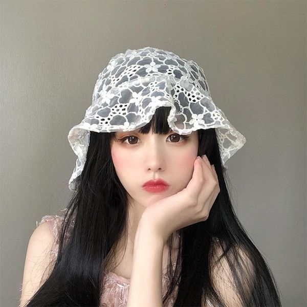 

wide brim hats lace bucket hat women soft flower sun floppy hollow summer fisherman ladies, Blue;gray