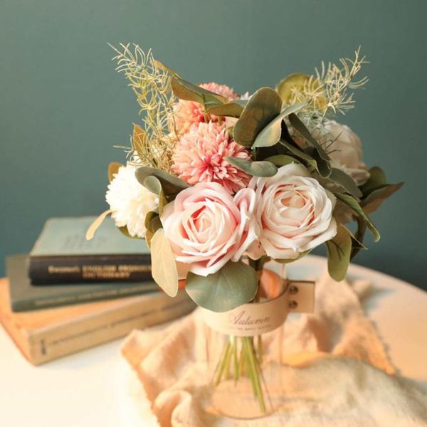 

autumn fake rose flower hydrangea artificial plastic flowers green plants bouquet for wedding home decoration room decor flores decorative &
