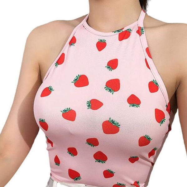 

women's tanks & camis women backless casual halter hanging neck vest strawberry print strap crop sleeveless party clubwear, White