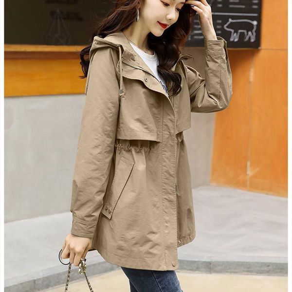 

women's trench coats casual windbreaker jackets mid-length feminino 2021 spring autumn loose waist hooded coat outerwear female, Tan;black