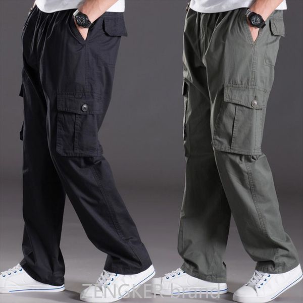 

spring summer casual male big women pants size 6xl multi pocket jeans oversize overalls elastic plus men, Black