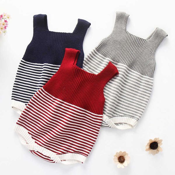 

spring newborn sleeveless cross stripe knit rompers clothes autumn baby toddler boys girls jumpsuits 0-3yrs, Blue