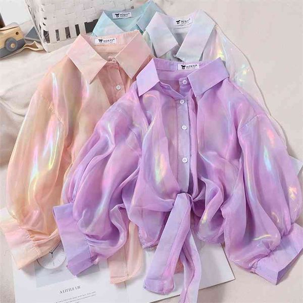 

heliar woman blouses sparkles shinning chiffon shirts button up women's blouse shirts tied up waist transperant 210401, White