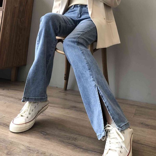 

women's jeans straight flared split 2021 spring korean high waist trousers blue black slim denim pants wewn