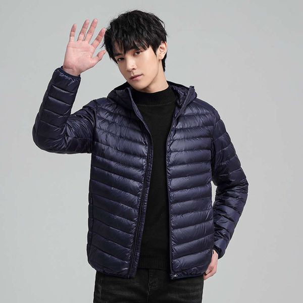 

lightweight down jacket short hooded autumn and winter fashion stand collar jacket 90 white duck down men's wear, Black;brown