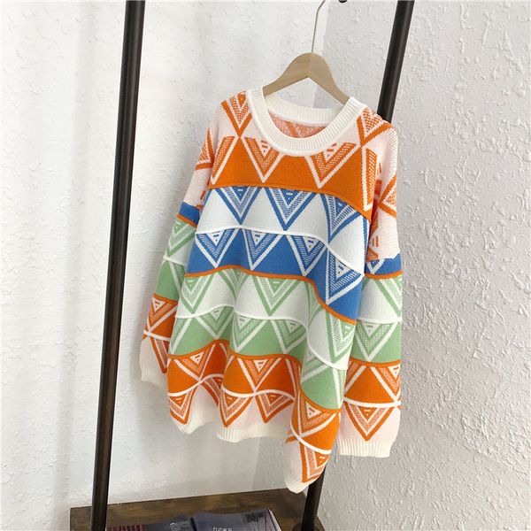 

striped triangle sweater new korean loose medium length contrast diamond long sleeve knitted pullover sweater, White