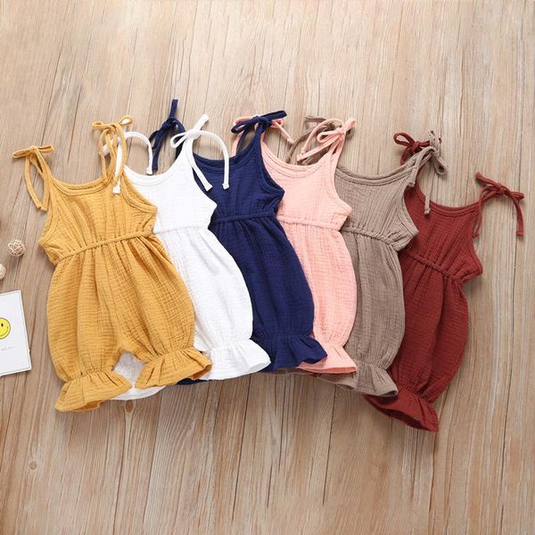 

summer baby girls boys ruffle solid color linen romper jumpsuit outfits for born children clothing sets jumpsuits, Blue