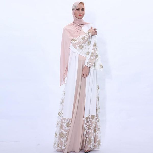 

ethnic clothing muslim ramadan fashion trumpet sleeve lace-up fairy dress with mesh stitching and outer wear cardigan women's white sum, Red
