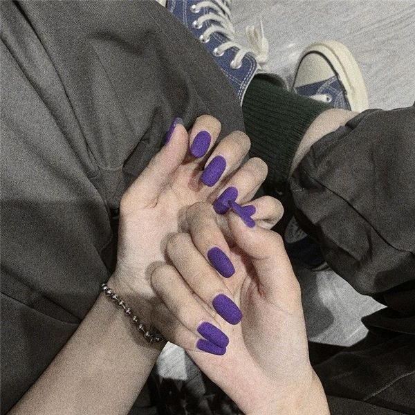 

purple frosted matte long square shape fake nails reusable ultrathin fashion solid color coffin finished false with glue, Red;gold