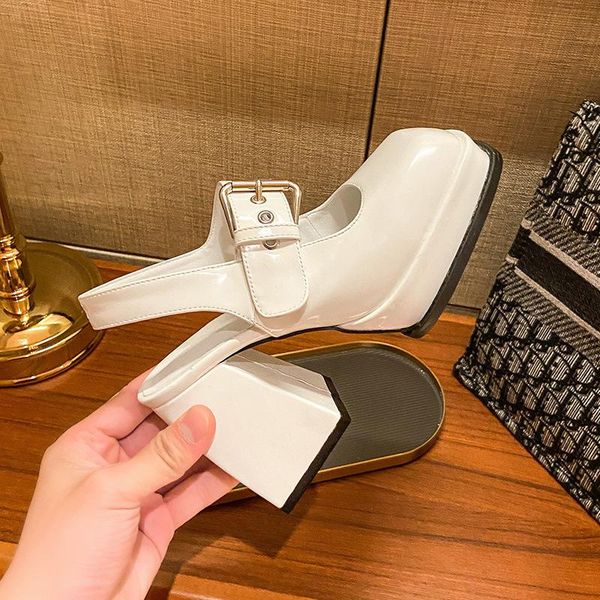 

sandals prowow ladies mary jane summer high heels shoes square toe ankle buckle slingback breathable leather platform sandalias, Black