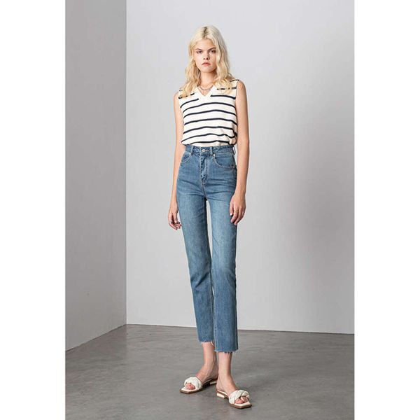 

nine point women slim summer high waist elastic pipe pants small man, Blue