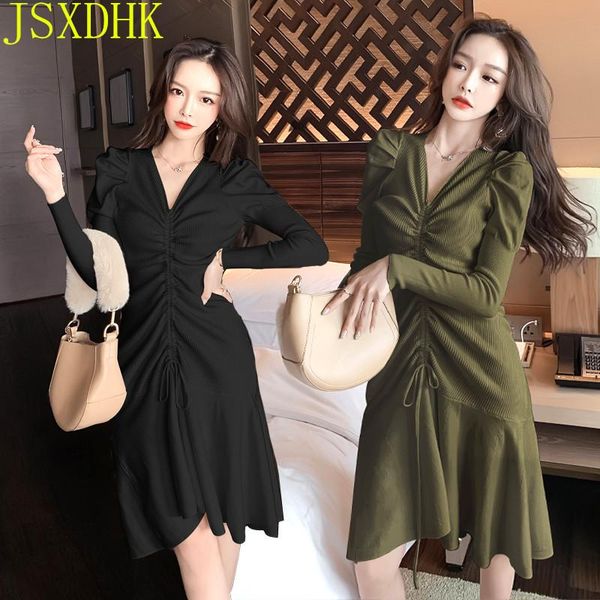 

casual dresses 2021 autumn korean long sleeve knitted sweater women winter one-piece drawstring midi dress knit, Black;gray