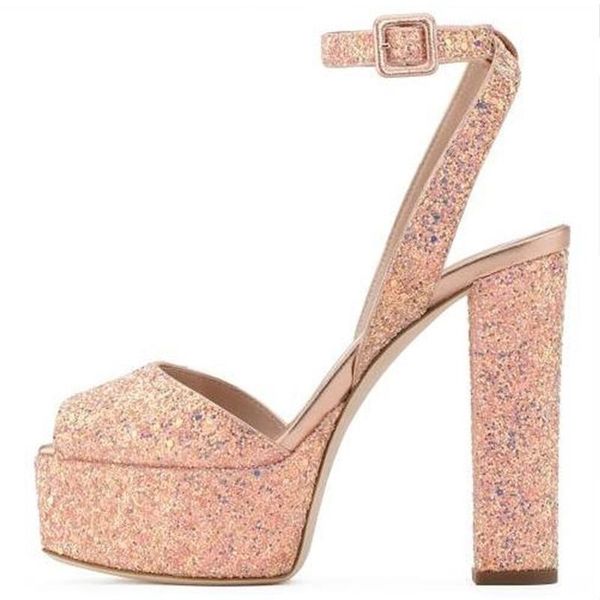 

pink glitter women square heels sandals cut-out peep toe high platform ankle strap shoes plus size, Black