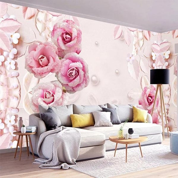 

wallpapers custom 3d stereo romantic pink rose pearl jewel background mural living room wedding house self adhesive wallpaper waterproof