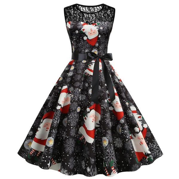 

casual dresses women cartoon print vintage christmas dress autumn short sleeve o neck lace year party vestidos #t2g, Black;gray