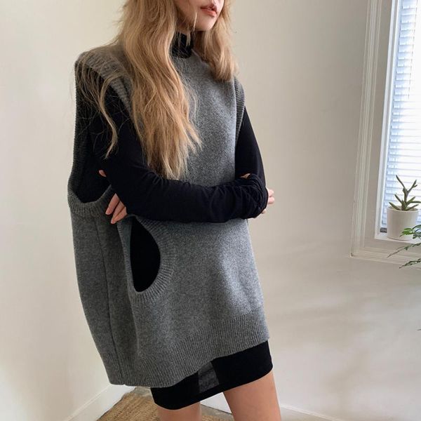 

women's sweaters autumn winter pullover sleeveless hollow out fashion knitted warm outwear female vest black gray t9fc, White;black