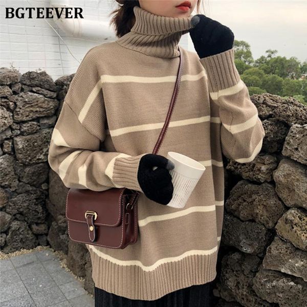 

women's sweaters bgteevee korean women turtleneck stripe warm female knitting pullovers ladies wild loose jumpers autumn winter, White;black