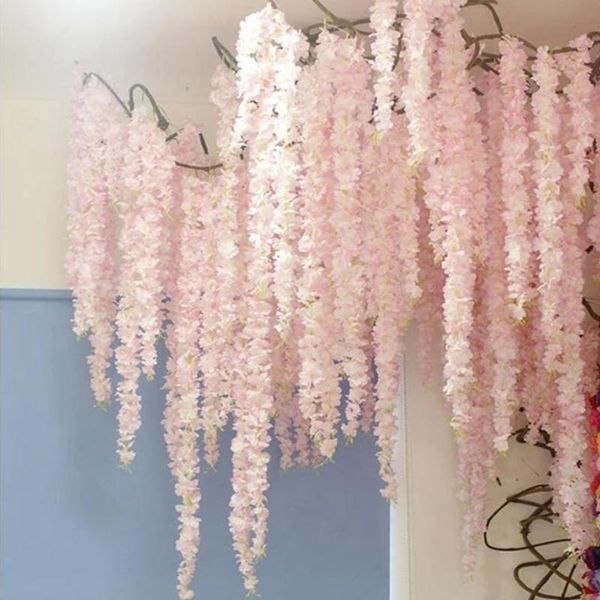 Ghirlande di fiori decorativi 5/10 pezzi Viti di fiori di ciliegio artificiali in seta bianca Fiore String Decorazione per soffitto Arco Sala per feste di matrimonio Appeso G