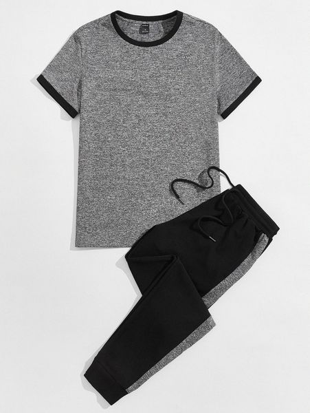 

men contrast trim marled tee & drawstring waist pants s4nx#, Gray