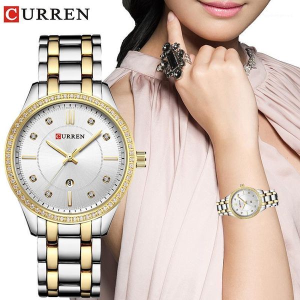 

wristwatches curren casual fashion ladies quartz with calendar black gold stainless steel strap diamond watch women waterproof, Slivery;brown