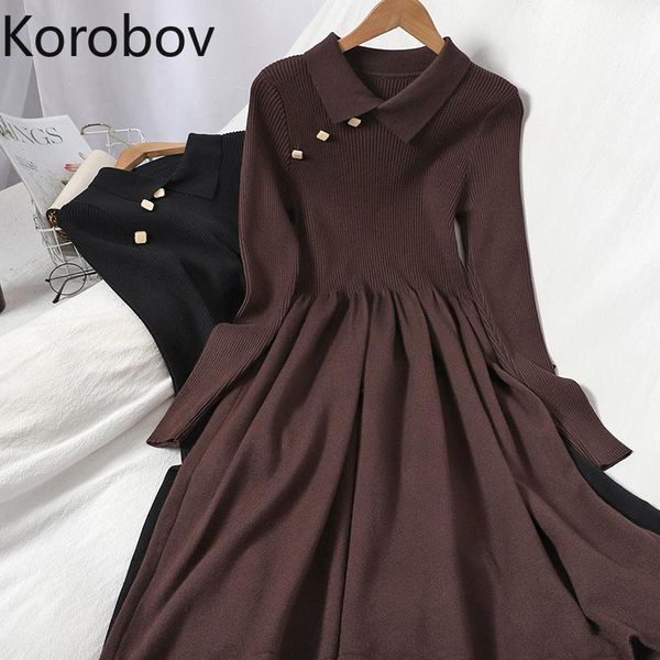 

korobov korean sweet chic knit dress vintage long sleeve turn-down collar button dresses 2021 solid vestidos femme casual, Black;gray