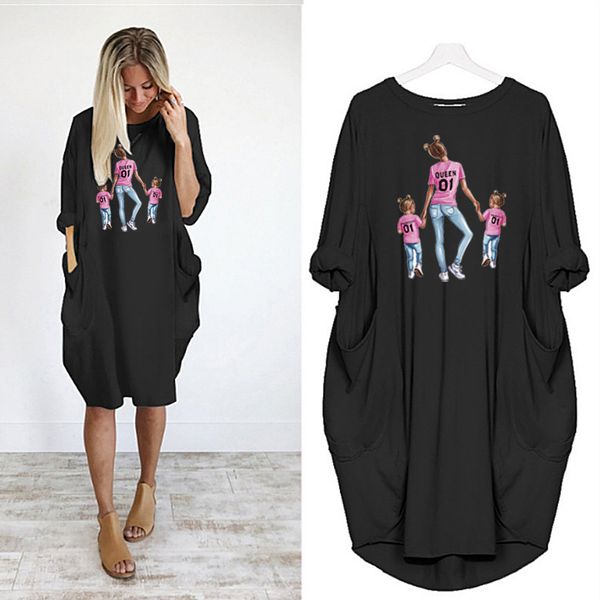 

propcm plus size midi dress women summer fashion long sleeve mama child print o neck pocket casual vintage party woman dresses mujer, Black;gray