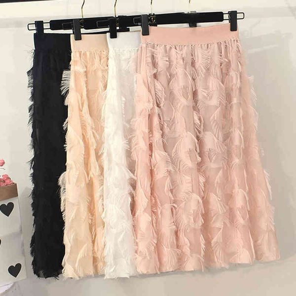 

skirts spring summer eye-lash a-ling skirts high waist elastic elegant feather tiered tassels mid-calf long skirt, Black