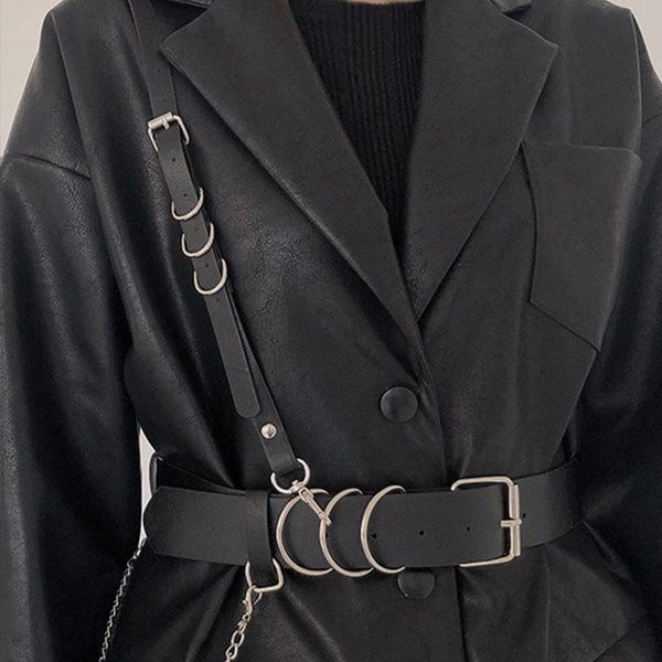 

belts trendy punk men women gothic pu leather harness detachable body bondage waist straps rock accessories belt, Black;brown