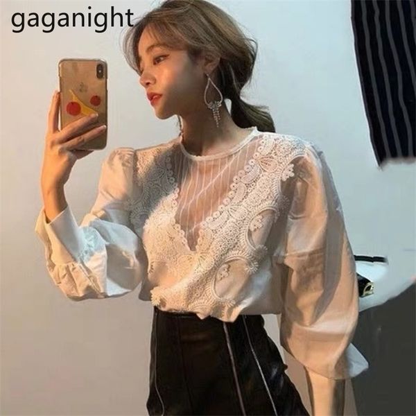

lace hollow out women blouse long sleeve ol shirt chic korean spring autumn o neck solid blusas drop 210601, White
