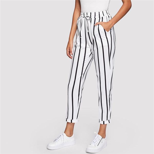

women's pants & capris black and white casual drawstring waist striped high tapered carrot summer women going out trousers, Black;white