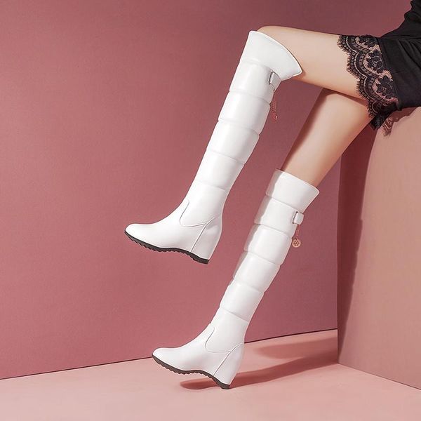 

boots ymechic 2021 winter keep warm snow women belt fur slip-on thigh high over the knee botas plush girl black wedge