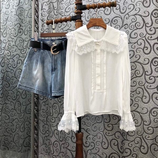 

shorts autumn casual denim short set ladies turn-down collar lace patchwork flare sleeve white shirts+jeans shor, White;black