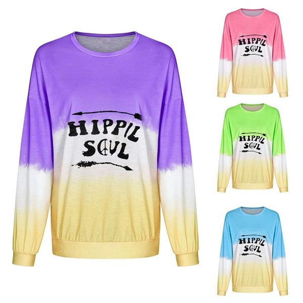 

women's hoodies & sweatshirts 5xl women 2022 autumn gradient print long sleeve pullover casual o neck patchwork plus size top, Black