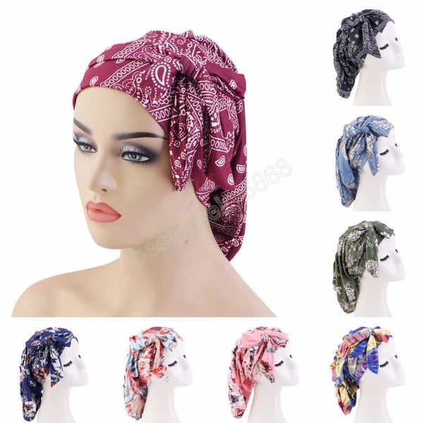 

muslim women elastic printed lace up turban hat islamic eid hijab beanies soft headscarf head cover african bandanas cap, Blue;gray