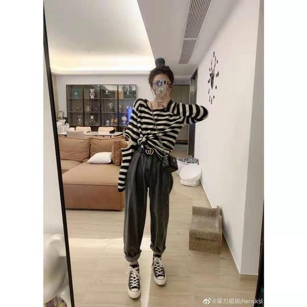 

women's t-shirt irregular off-the-shoulder knitted striped shirt, White