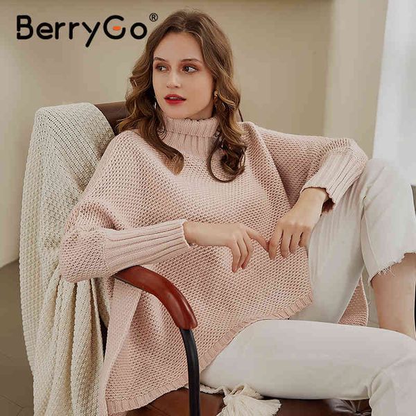

berrygo casual turtleneck women sweater bat sleeve loose asymmetrical knitted high street style ladies pullover jumper 210513, White;black