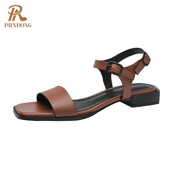 

sandals brand women 2021 genuine leather low square heel black brown dress casual shoes woman size 34-43