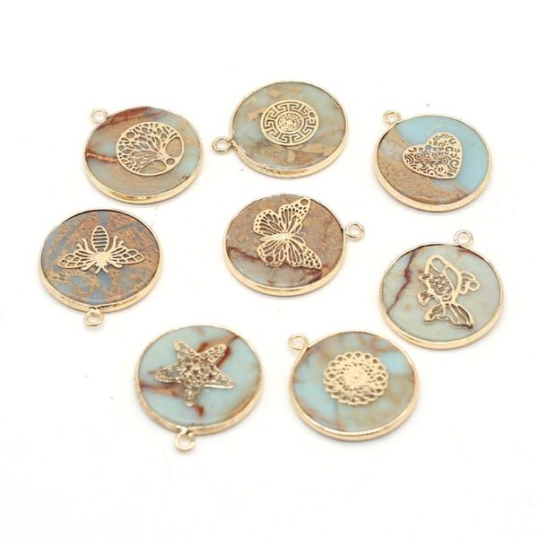 

charms retro round pendant natural stone ocean ore gilt edge charm for jewelry making diy necklace dangler accessories gift 26x30mm, Bronze;silver