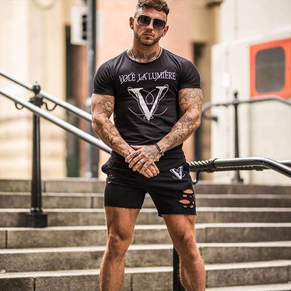 

casual fashion printed gyms men t shirt fitness bodybuilding short sleeve cotton slim tee male workout clothing, White;black