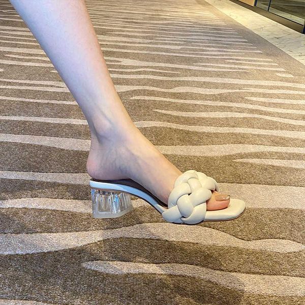 

sandals 2021 style square women's summer net infrared wear beach slippers one word knitting thick heel, Black