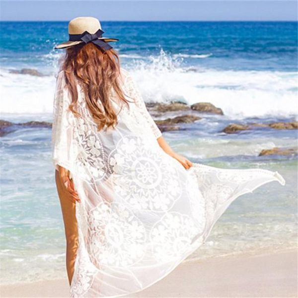 

women summer solid colors lace cardigan beach dress beachwear swimwear bikini cover up smock long sleeve bathing suit#g4 women's, White;black
