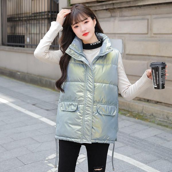

women's vests zqlz 2021 vest women short bright surface windproof lightweight warm waistcoat female coat sleeveless voercoat -3xl, Black;white