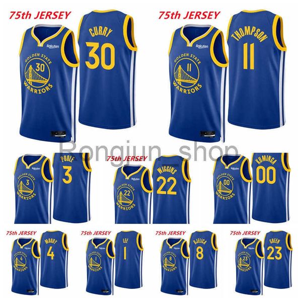 

2021-22 75th anniversary printed mens basketball klay stephen curry thompson andrew wiggins poole lee green gary payton ii jerseys, Black