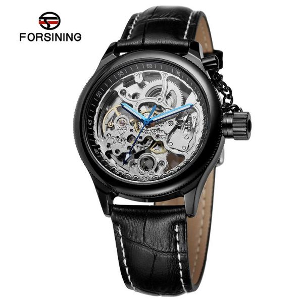 

wristwatches forsining brand retro fashion skeleton designer genuine black leather men luxury automatic mechanical for sports, Slivery;brown